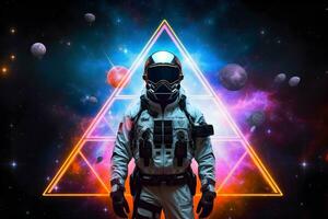 Spaceman or astronaut with triangular shape neon lights. AI generated. photo