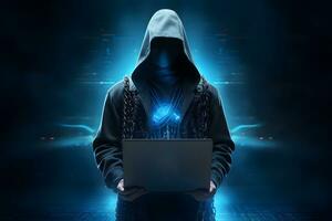 anónimo hacker con ordenador portátil. concepto de oscuro web, ciberdelincuencia, ataque cibernetico, etc foto