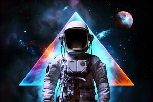 Spaceman or astronaut with triangular shape neon lights. AI generated. photo