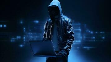 Anonymous hacker with laptop. Concept of dark web, cybercrime, cyberattack, etc photo