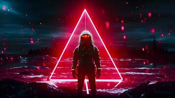 Spaceman or astronaut with triangular shape neon lights. AI generated. photo