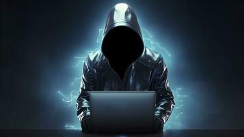 Anonymous hacker with laptop. Concept of dark web, cybercrime, cyberattack, etc photo