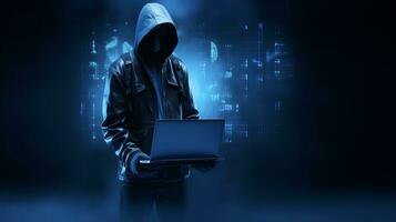 Anonymous hacker with laptop. Concept of dark web, cybercrime, cyberattack, etc photo