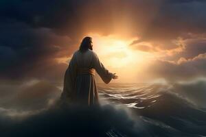 Jesús Cristo caminando en agua durante tormenta a puesta de sol. ai generado foto