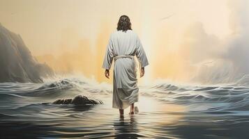 Back view of Jesus Christ walking on water photo