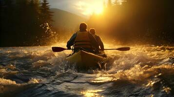 Rear view of two men riding kayak in stream. photo