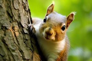 Closeup view of cute squirrel on the tree. AI generated photo