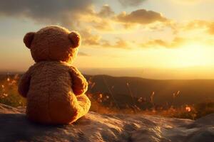 Back view of teddy bear toy sitting with background of mountain view at sunset. photo