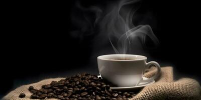 Hot coffee cup and coffee seeds. Background wallpaper photo