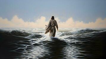 Back view of Jesus Christ walking on water photo