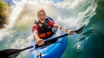 Happy and excited boy riding small boat through the waves photo