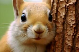 Closeup view of cute squirrel on the tree. AI generated photo