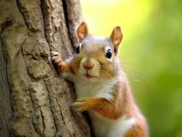 Closeup view of cute squirrel on the tree. AI generated photo