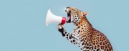 Leopard announcing using hand speaker. Notifying, warning, announcement photo