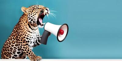 Leopard announcing using hand speaker. Notifying, warning, announcement photo