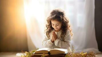 Cute child girl reading bible book. Worship at home. AI generated photo