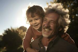 Grandfather and his grandchild. Concept of happy grandfather day, grandparents day. AI generated photo