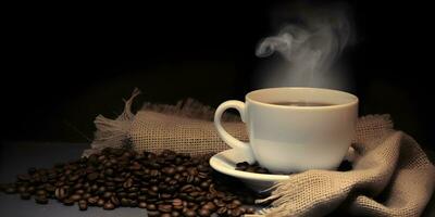 Hot coffee cup and coffee seeds. Background wallpaper photo
