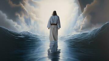 Back view of Jesus Christ walking on water photo