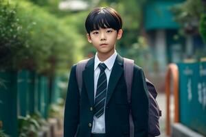 Asian student boy with backpack. Concept of back to school. AI generated photo