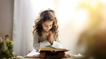 Cute child girl reading bible book. Worship at home. AI generated photo