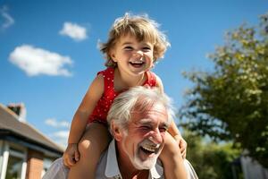 Grandfather and his grandchild. Concept of happy grandfather day, grandparents day. AI generated photo