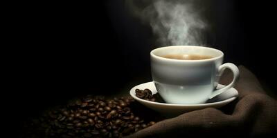 Hot coffee cup and coffee seeds. Background wallpaper photo