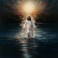 Front view of Jesus Christ walking on water. AI generated photo