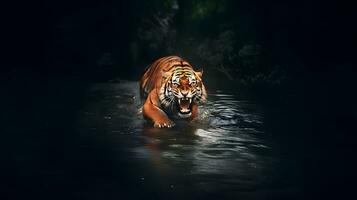 Roaring tiger crossing the stream. AI generated photo