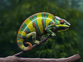 Green chameleon resting on branch. AI generated photo