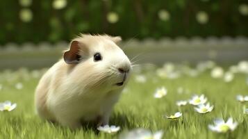 Cute guinea pig with small white flowers. AI generated photo