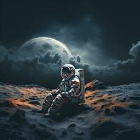 Spaceman or astronaut on the surface of moon. AI generated. photo
