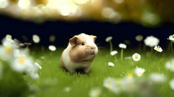 Cute guinea pig with small white flowers. AI generated photo