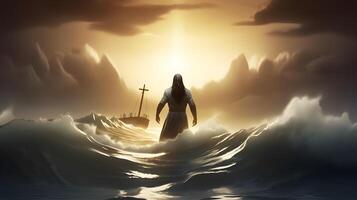 Jesus Christ walking on water across the sea towards a boat. AI generated photo