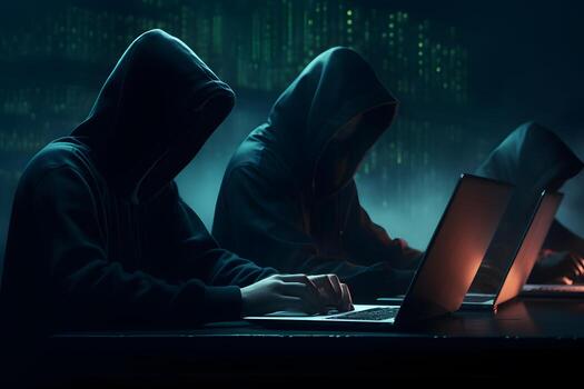 Hackers with hoodies typing laptops. Hacker group, organization or association. AI generated photo
