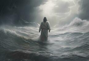 Jesus Christ walking on water with huge waves. AI generated photo