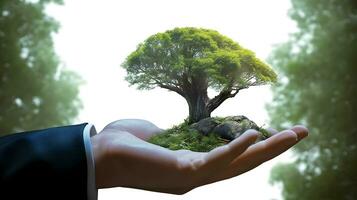 Businessman holding small tree. World tree day, environment day concept. AI generated photo