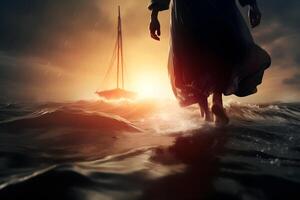 Jesus Christ walking towards the boat in the evening. AI generated photo