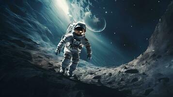 Spaceman or astronaut on the surface of moon. AI generated. photo