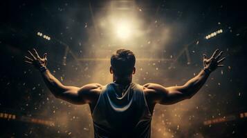 Basketball player celebrating in the stadium. Concept of winner, success, victory. AI generated photo