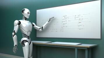 Teaching robot and chalkboard in the classroom. AI teacher concept. AI generated photo