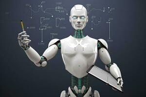Teaching robot in the classroom. AI teacher concept. AI generated photo