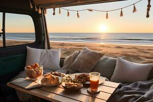 Beach scene seen by camper inside the camper van at sunset. AI generated photo