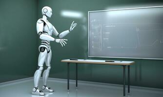 Teaching robot and chalkboard in the classroom. AI teacher concept. AI generated photo