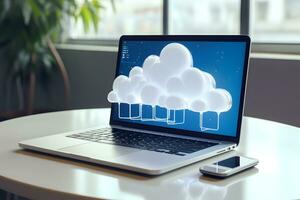 Cloud data storage, cloud computing and data transfer concept. AI generated photo