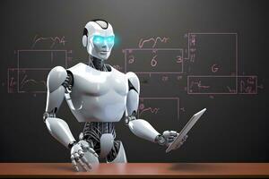 Teaching robot in the classroom. AI teacher concept. AI generated photo