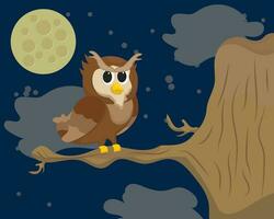 Cute owl birds feathered animals sitting on tree branches vector