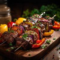 Succulent churrasco, grilled meat on skewers photo