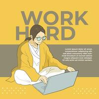 work hard girl on the laptop vector illustration