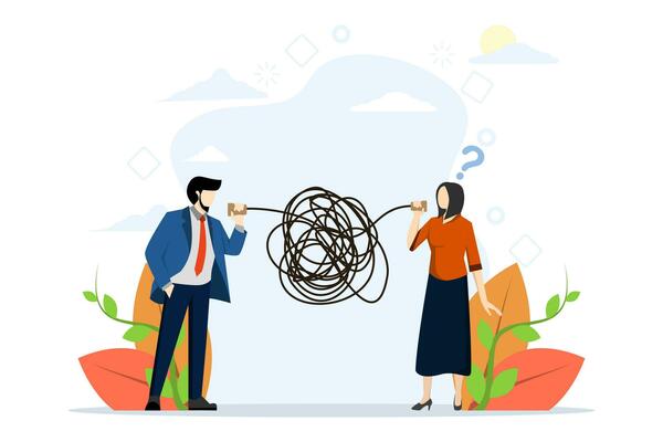 Bad communication concept, misunderstandings create confusion at work, miscommunication, unclear information, businessman talking through messy mess, tangled phone lines confusing others.